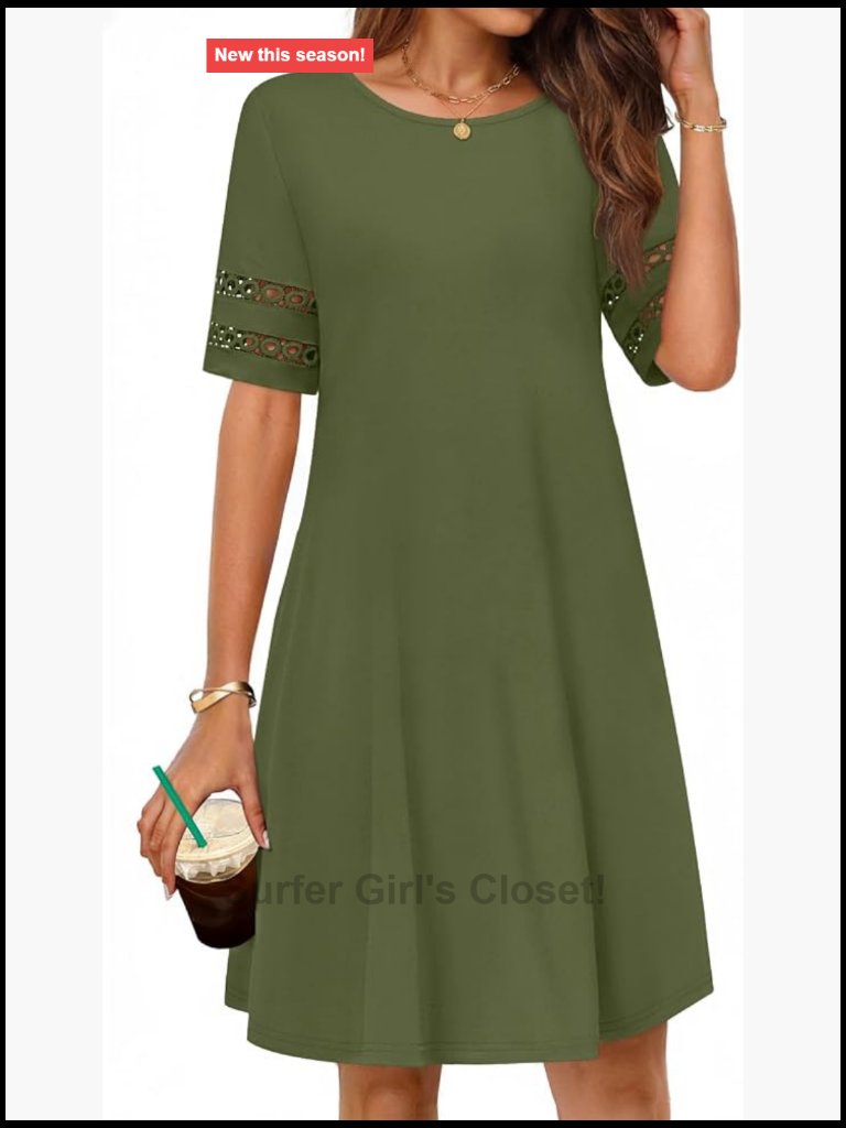 Hollow Out Short Sleeve Shift Swing Sundress With Pockets